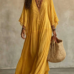 Lace-Trim V-Neck Flared-Sleeve Boho Maxi Dress - yellow