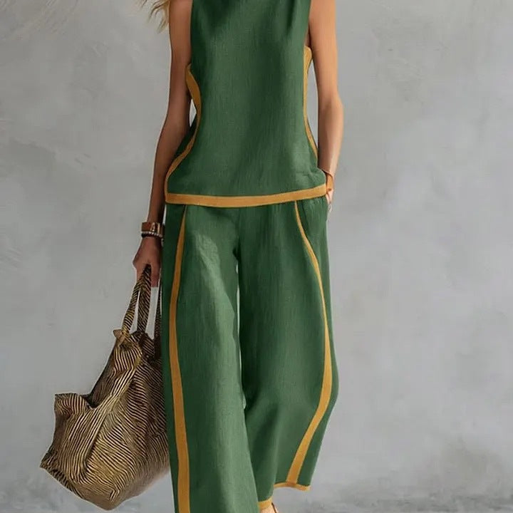 Round-neck Sleeveless Vest Top And High-waist Wide-leg Pants - green
