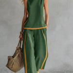 Round-neck Sleeveless Vest Top And High-waist Wide-leg Pants - green