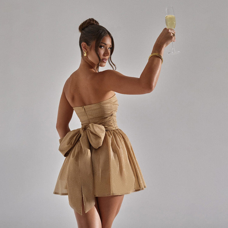 Strapless Shimmer Bow-Back Mini Dress - khaki