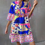 V-Neck Printed Flared Sleeve Pleated Mini Dress