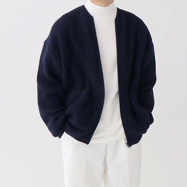 Zip Up Knitted Cardigan - navy blue