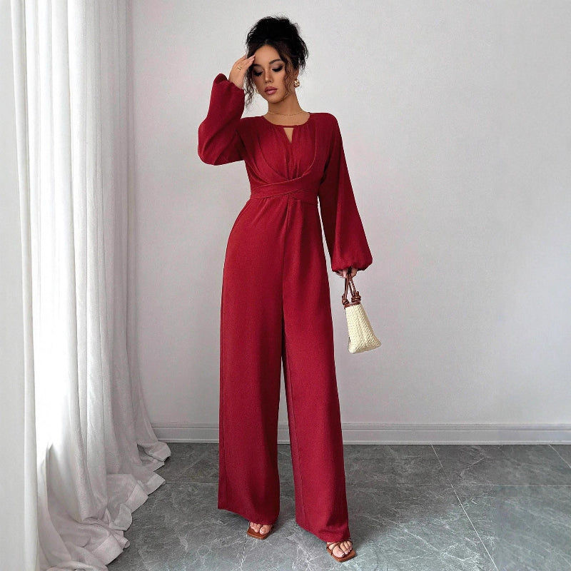 Square Neck Puffed Sleeve Jumpsuit - Red