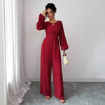 Square Neck Puffed Sleeve Jumpsuit - Red