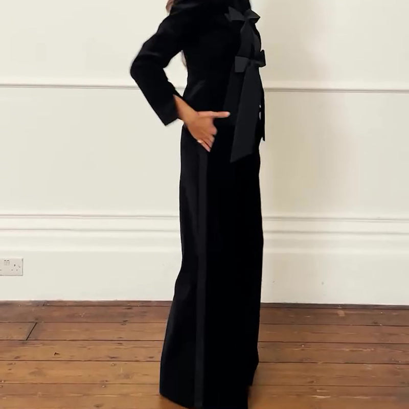Black Velvet Bow Jacket & Wide-leg Pants Suit