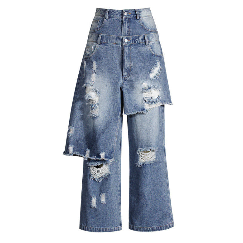 Casual Faux Two-piece Ripped Jeans