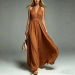 V-neck Sleeveless Waist-cinching Maxi Dress - light brown