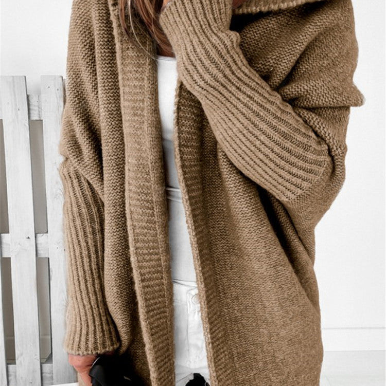 Oversized Bat Sleeve Hooded Cardigan - brown