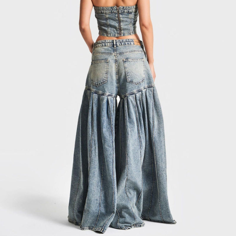 Strapless Denim Corset Crop Top & High - Waisted PleatedWide - Leg Pants Set