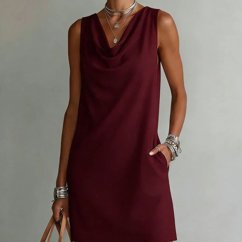 Draped Neck Sleeveless Vacation Mini Dress - maroon