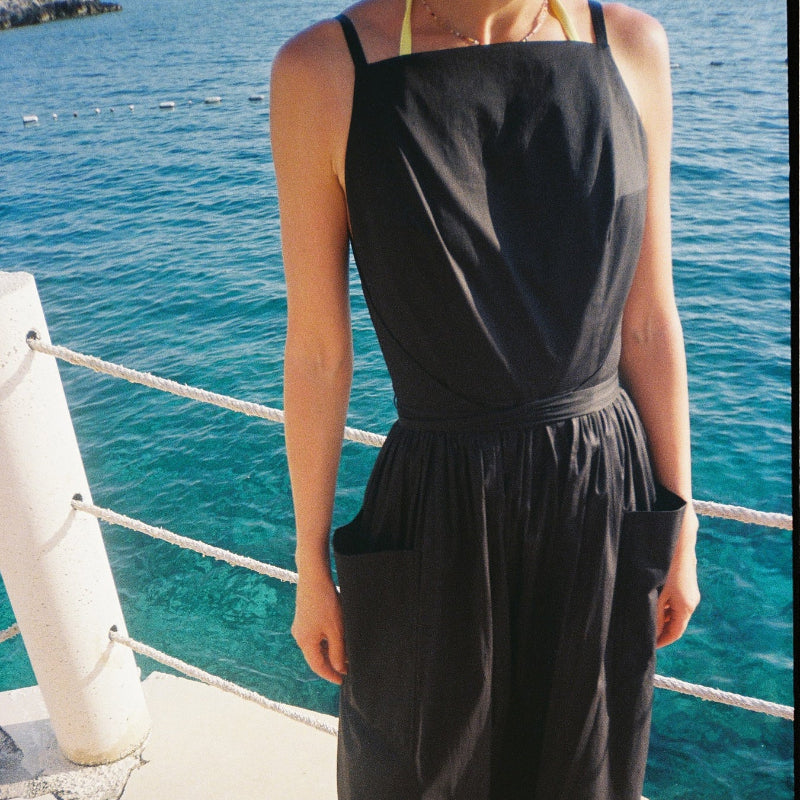 Black Cotton And Linen Side Seam Strapless Maxi Vest Dress