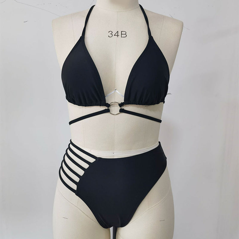 Leopard Print Halter Neck Bikini - black