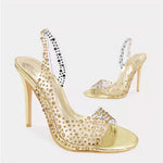 Embellished Clear Strap Metallic Stiletto Sandals - gold