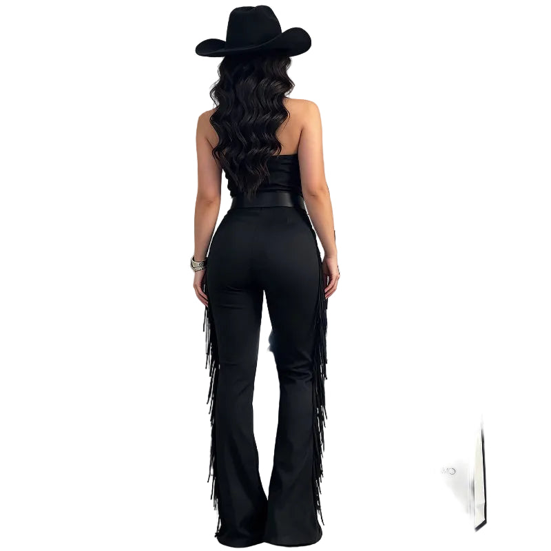 Lace-Up Halter Fringe Wide-Leg Jumpsuit