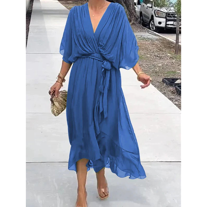 Batwing Sleeve V-neck Midi Dress - blue