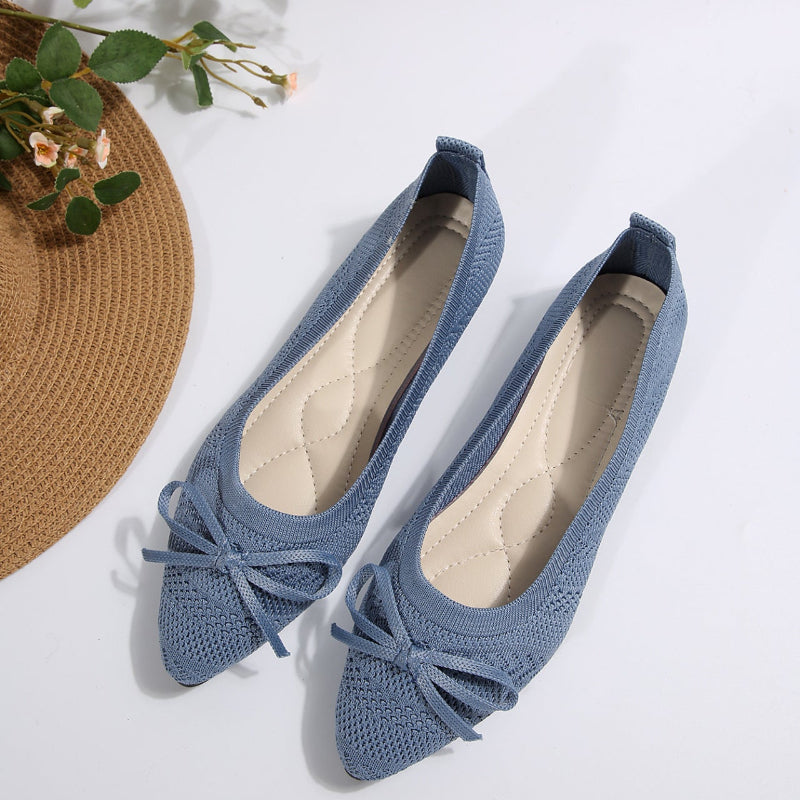 Bow Knitted Pointed-toed Flats Shoes - blue