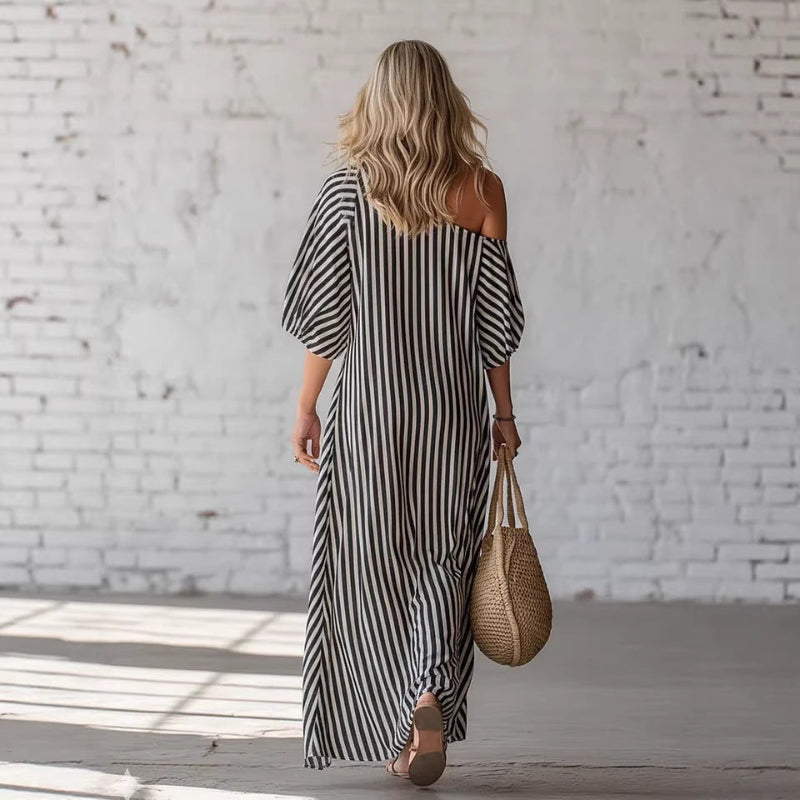 Striped Print Short-Sleeved Maxi Dress - black