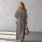Striped Print Short-Sleeved Maxi Dress - black