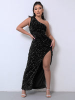 Velvet One-Shoulder Split Gown