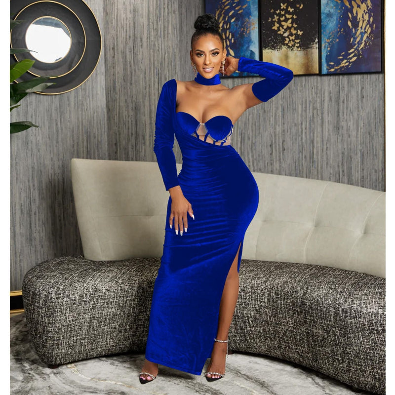 Strapless Long Sleeve Maxi Dress - Blue