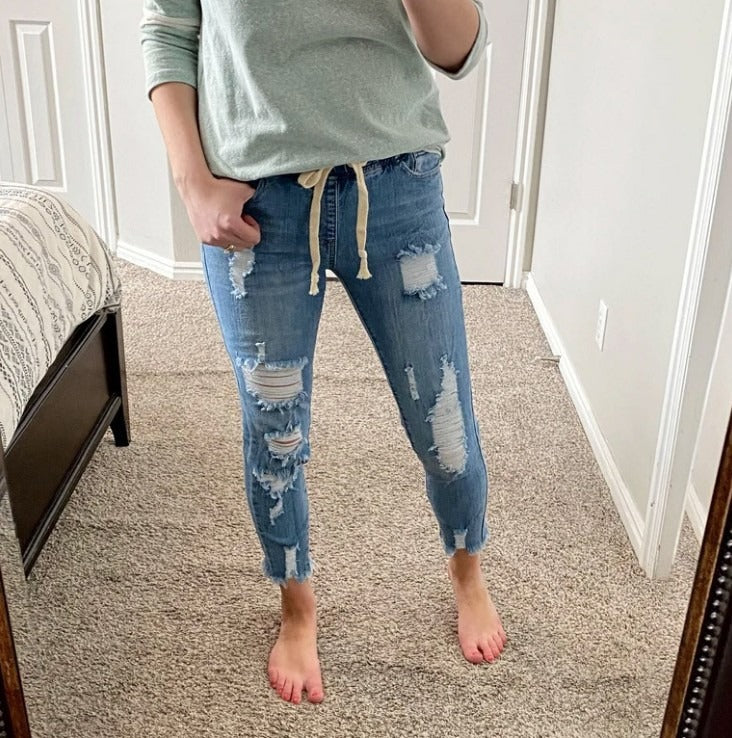 The New Standard: Stretch Skinny Ripped Washed Denim Mom Jeans
