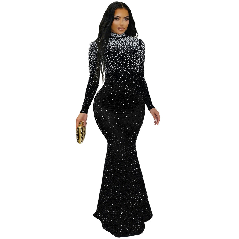 Elegant High Neck Rhinestone Beaded Bodycon Maxi Dress - Black