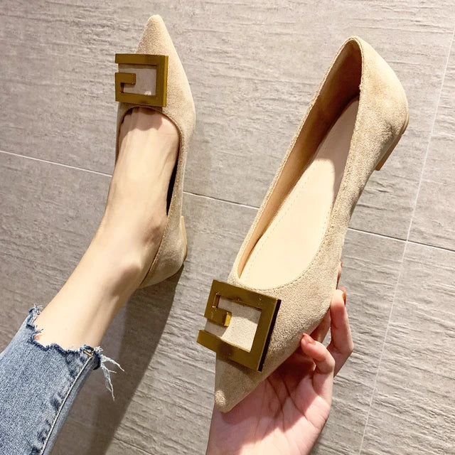 Flat Pointed Toe Metal Buckle Retro Shoes - runwayfashionista.com