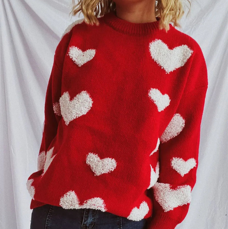 Heart Round Neck Dropped Shoulder Sweater - runwayfashionista.com