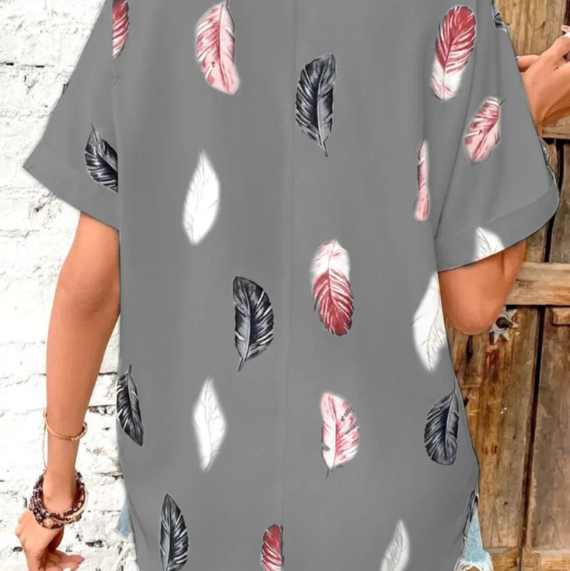 Printed Collared Neck Short Sleeve Blouse - runwayfashionista.com