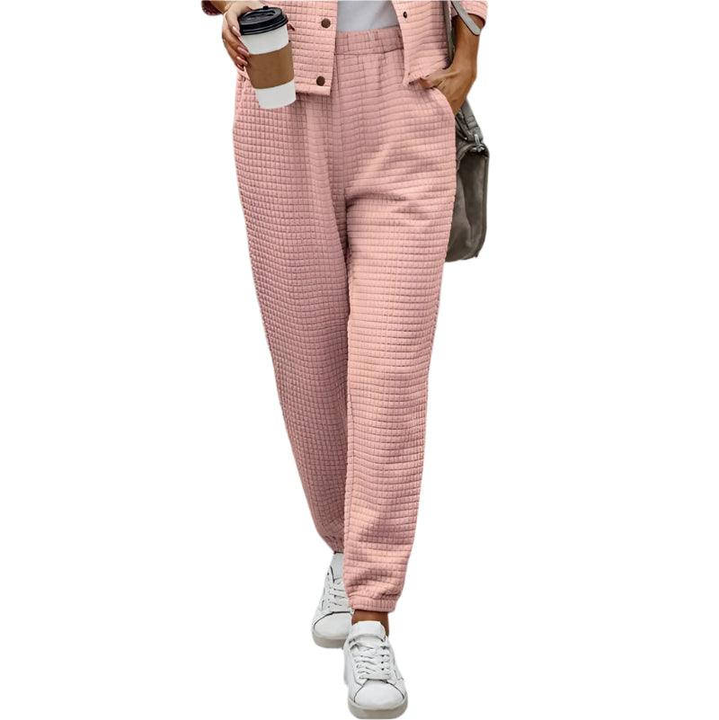 Plaid texture snap down top and pants set - runwayfashionista.com