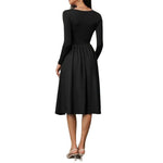 Square Neck Long Sleeve Pleated Midi Dress - black