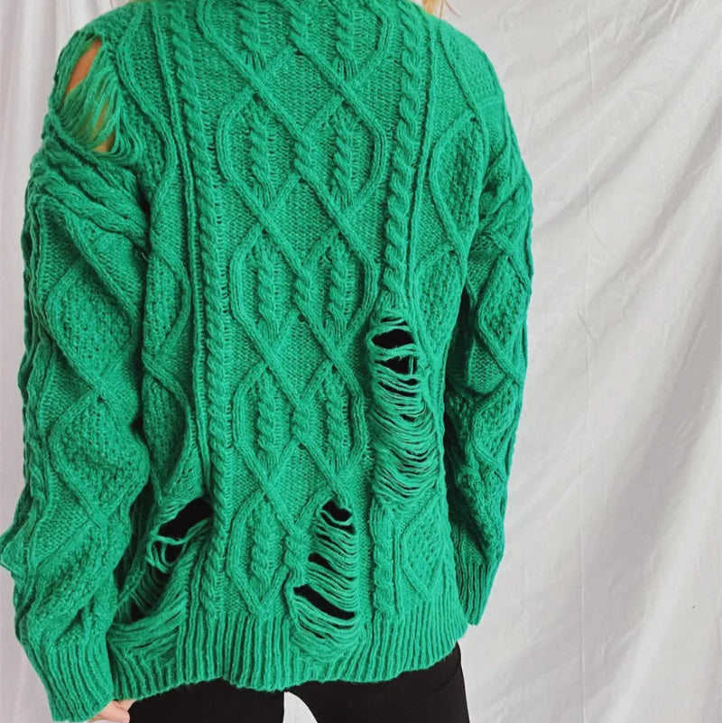 Distressed Cable-Knit Round Neck Long Sleeve Sweater -runwayfashionista.com