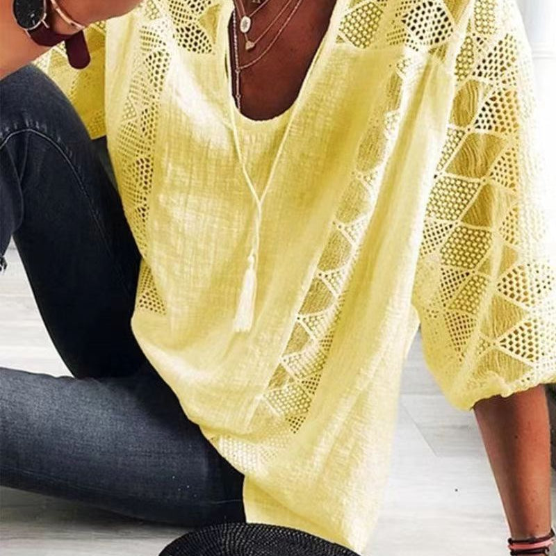 Romantic Sophistication: The U-Neck Hollow Out Lace Patchwork Top - yellow