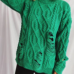 Distressed Cable-Knit Round Neck Long Sleeve Sweater -runwayfashionista.com