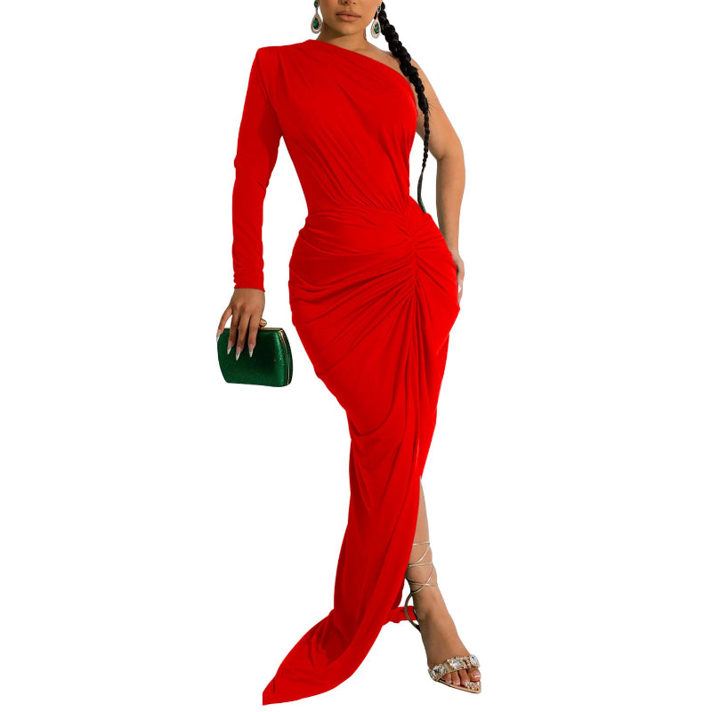 Asymmetrical Neck Single Long Sleeve Maxi Dress with Pleats - orange
