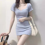 U-Neck Slim Fit Bodycon Mini Dress - blue