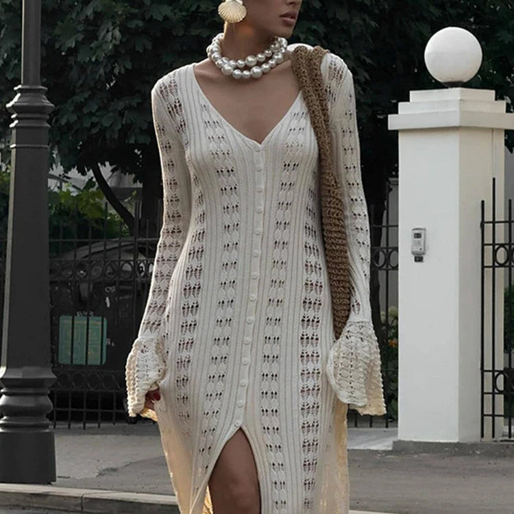 Apricot, Coffee, or Wine Red hollow out horn sleeve woolen cardigan with V-neck, long flared sleeves, high waist, and button-up front. Made of cotton, available in sizes S-L.