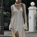 Apricot, Coffee, or Wine Red hollow out horn sleeve woolen cardigan with V-neck, long flared sleeves, high waist, and button-up front. Made of cotton, available in sizes S-L.