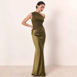 Slanted Shoulder Pleated Patchwork Satin Maxi Skirts