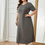 Plus Size Pocketed V-Neck Short Sleeve Lounge Dress - Dark Gray