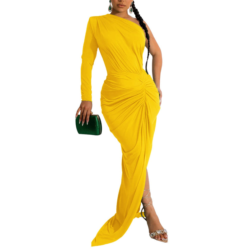 Asymmetrical Neck Single Long Sleeve Maxi Dress with Pleats - yelow