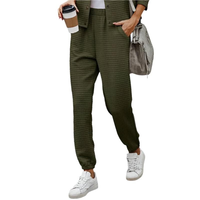 Plaid texture snap down top and pants set - runwayfashionista.com