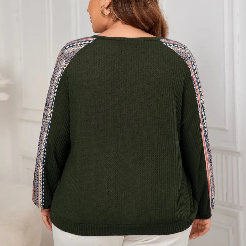 Honey Plus Size Printed Long Sleeve Sweatshirt in Black, Navy, Army Green with geometric print and round neck. Loose fit pullover