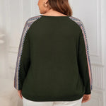 Honey Plus Size Printed Long Sleeve Sweatshirt in Black, Navy, Army Green with geometric print and round neck. Loose fit pullover