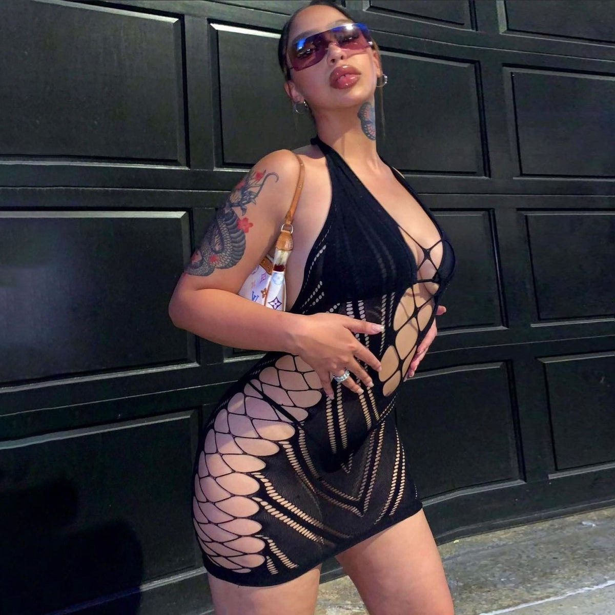 Lace Mini Mesh Dress with Hanging Neck