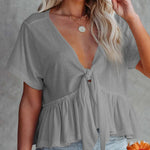 Tied Plunge Short Sleeve Blouse - runwayfashionista.com