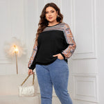 Honey Plus Size Printed Long Sleeve Sweatshirt in Black, Navy, Army Green with geometric print and round neck. Loose fit pullover