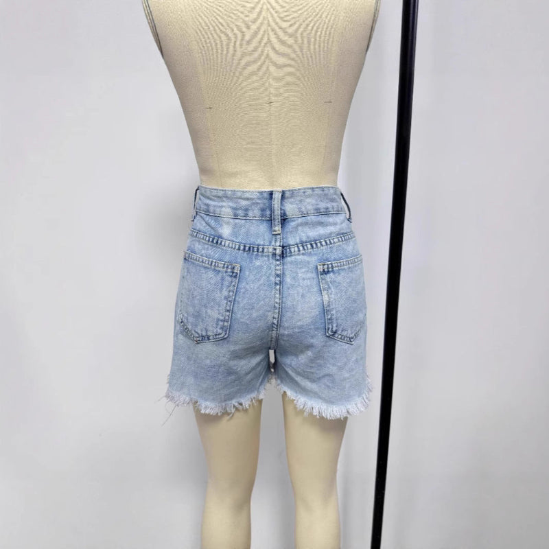 Broken hole slim fit tassel denim shorts