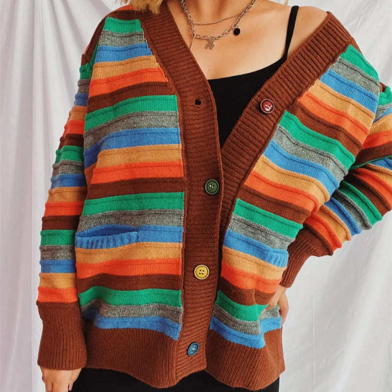 Contrast Stripes Button Up Long Sleeve Cardiganrunwayfashonista.com