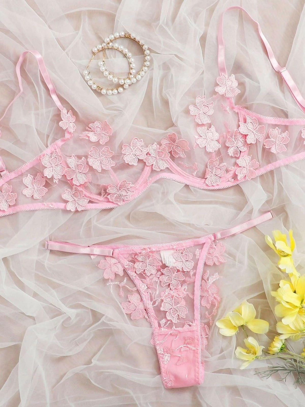 Mesh Embroidery Flower Decal Lingerie - runwayfashionista.com